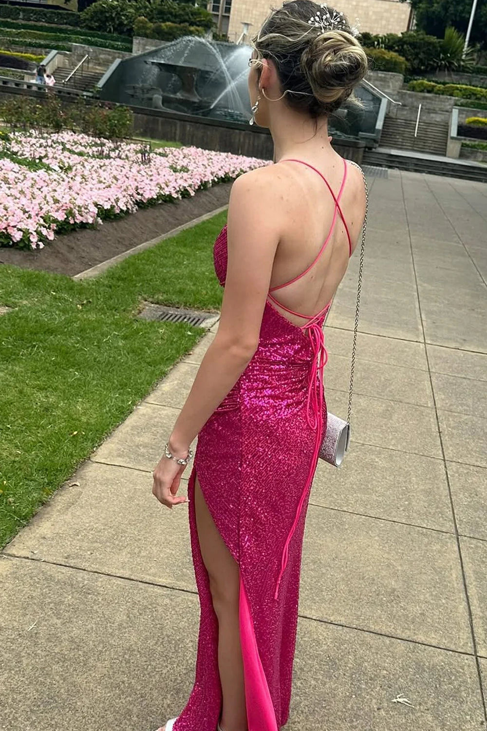 Sequins V-Neck Sleeveless Lace Up Bodycon Party Prom Dress With Slit