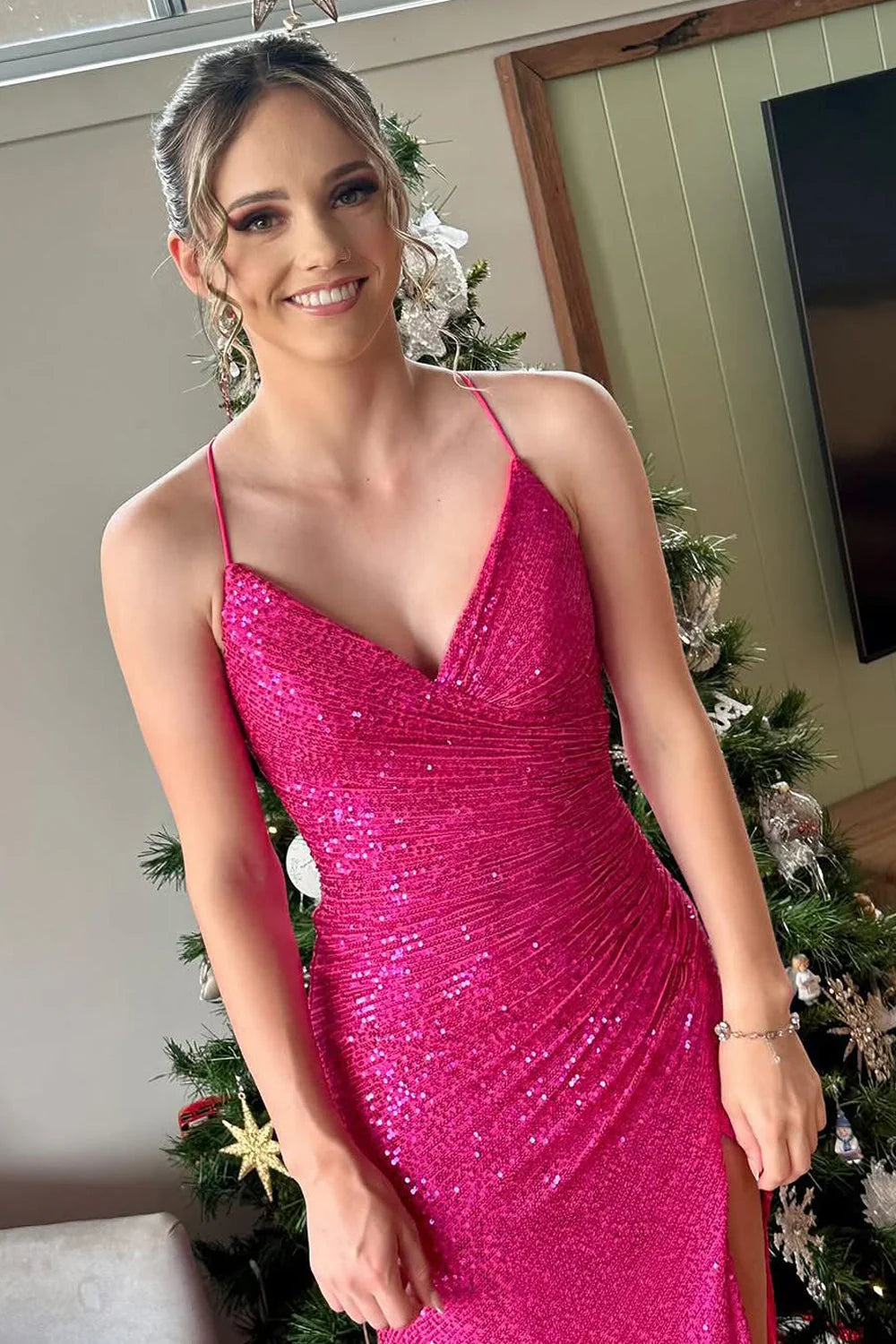 Sequins V-Neck Sleeveless Lace Up Bodycon Party Prom Dress With Slit