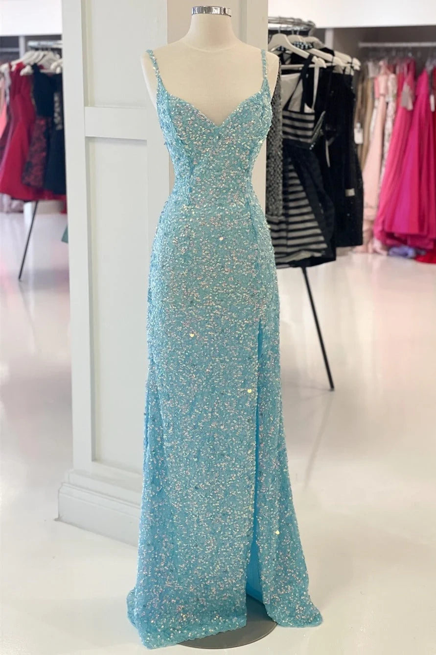 Sequins V-Neck Spaghetti Straps Party Prom Dress With Side Slit