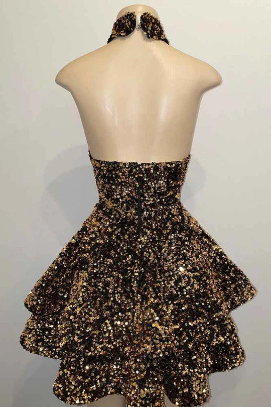 Sexy A-Line High Neck Open Back Sequins Homecoming Dress