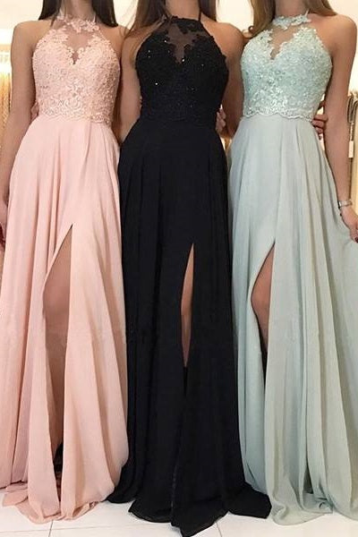 A-Line Round Sleeveless Appliques With Side Slit Bridesmaid Dress