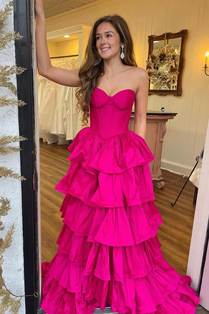 Sexy A-Line Sweetheart Strapless Empire Tiered Prom Dress