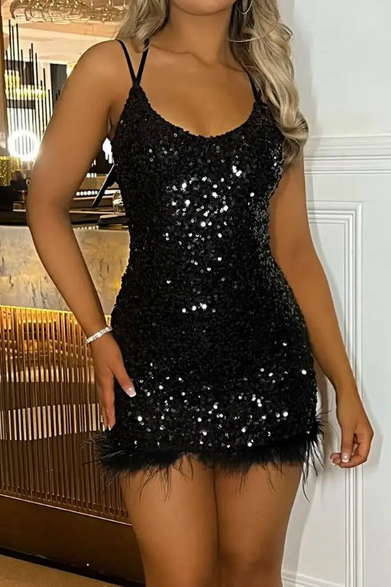 Sexy Black Sleeveless  Lace Up Sparkly Short Party Dress