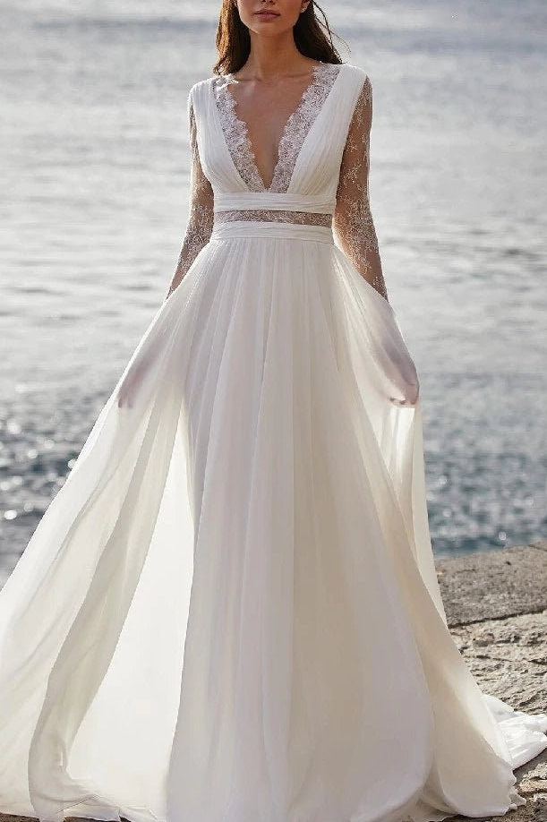 Sexy Chiffon A-Line V-Neck Lace Long Sleeves Wedding Dress