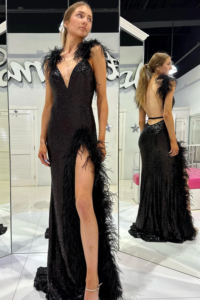 Sexy Fitted V-Neck Sequins With Side Slit Prom Dress