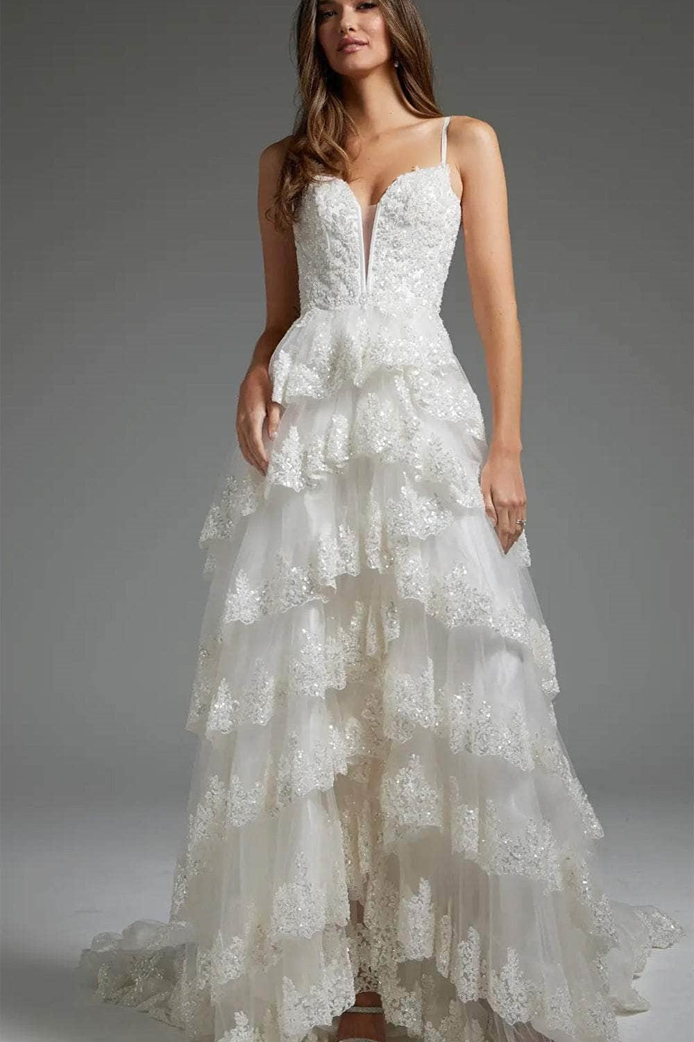 Sexy Lace A-Line V-Neck Spaghetti Straps Tiered Wedding Dress