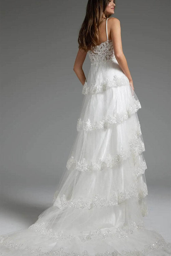 Sexy Lace A-Line V-Neck Spaghetti Straps Tiered Wedding Dress