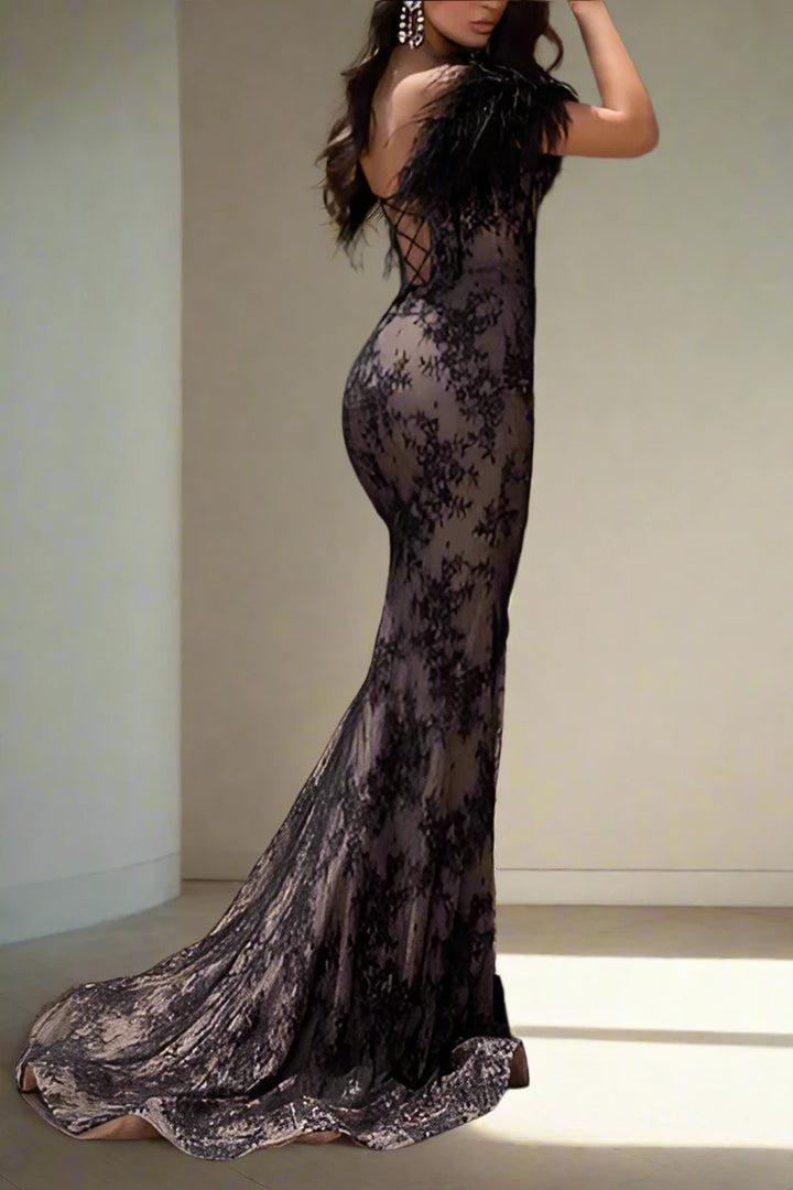 Sexy Lace Trumpet Feather Off-Shoulder Prom Dress With Side Slit