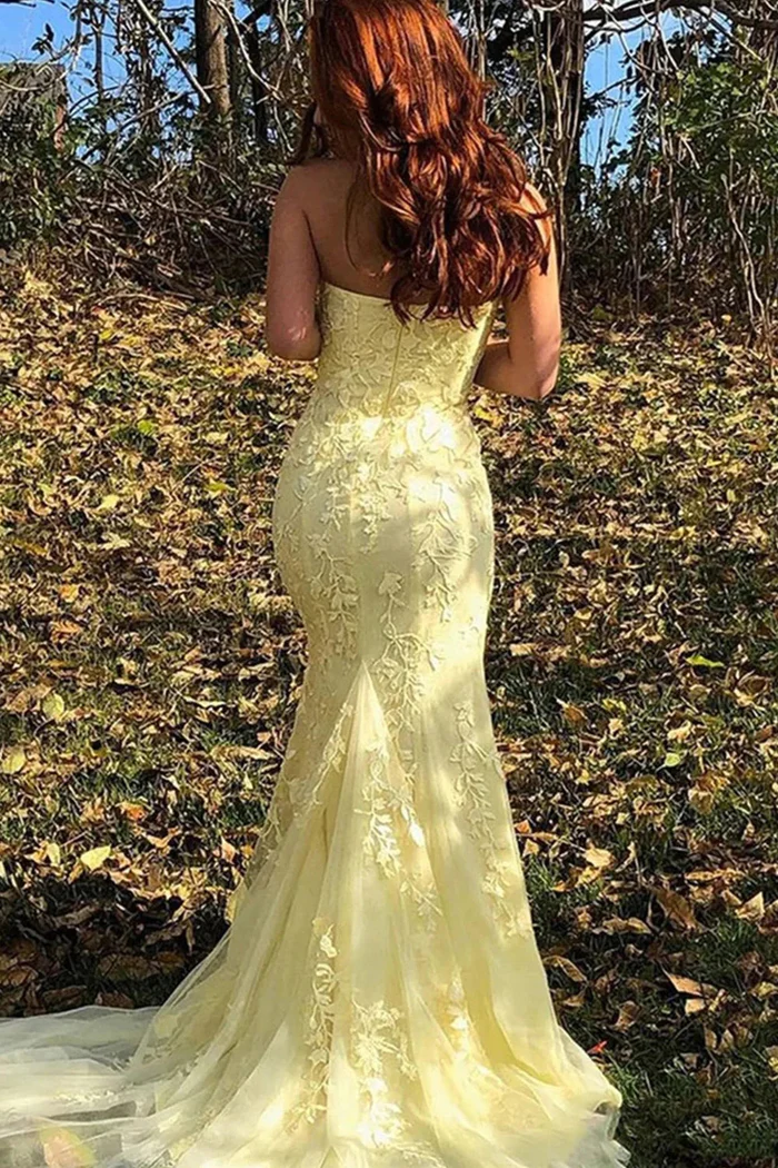 Sexy Lace Trumpet Strapless With Train Prom Dress