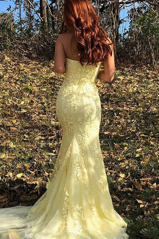 Sexy Lace Trumpet Strapless With Train Prom Dress