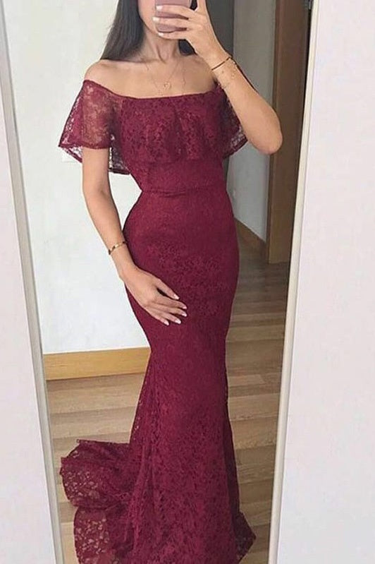 Sexy Mermaid Off-Shoulder Lace Prom Dress With Train