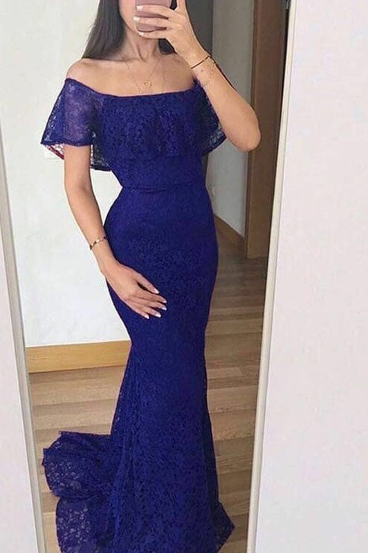 Sexy Mermaid Off-Shoulder Lace Prom Dress With Train