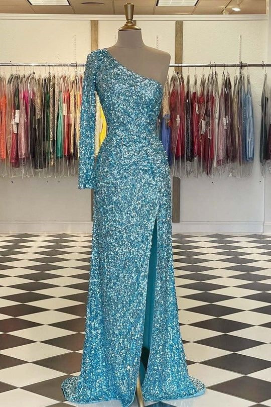 Sexy One Shoulder Long Sleeve Fully Sequins Party Prom Dress