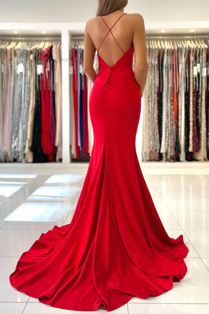 Sexy Red Mermaid V-Neck Sleeveless Long Prom Dress
