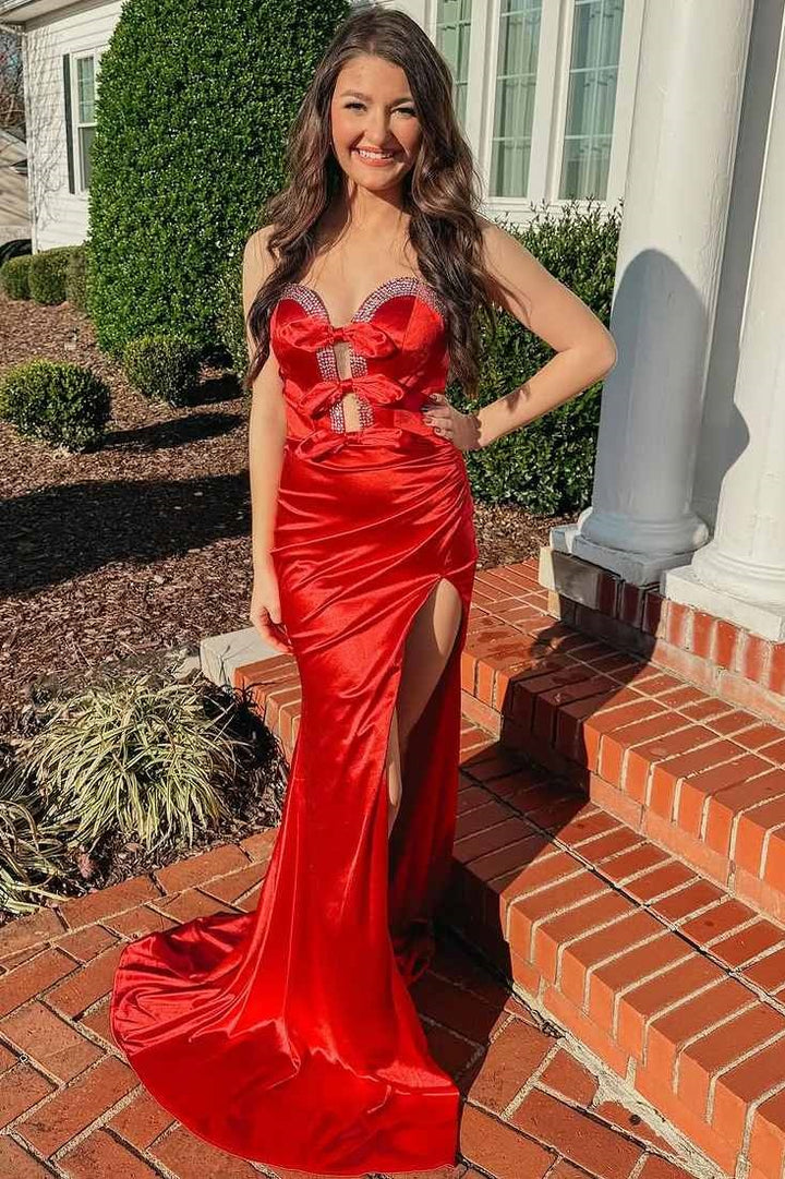 Sexy Red Sweetheart Beaded Party Prom Dress With Slit