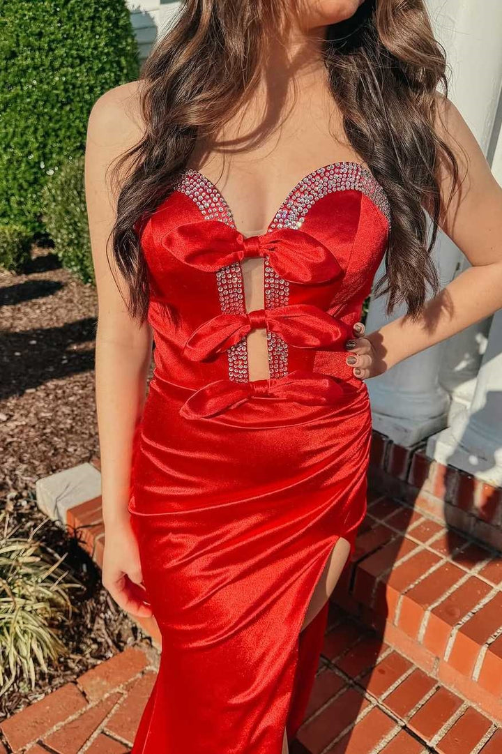 Sexy Red Sweetheart Beaded Party Prom Dress With Slit