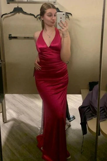 Sexy Red V-Neck Halter Empire Mermaid Party Prom Dress