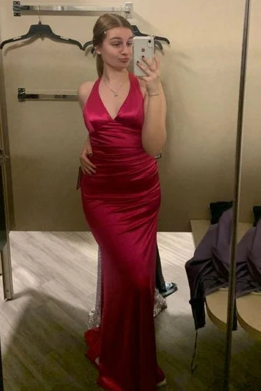 Sexy Red V-Neck Halter Empire Mermaid Party Prom Dress