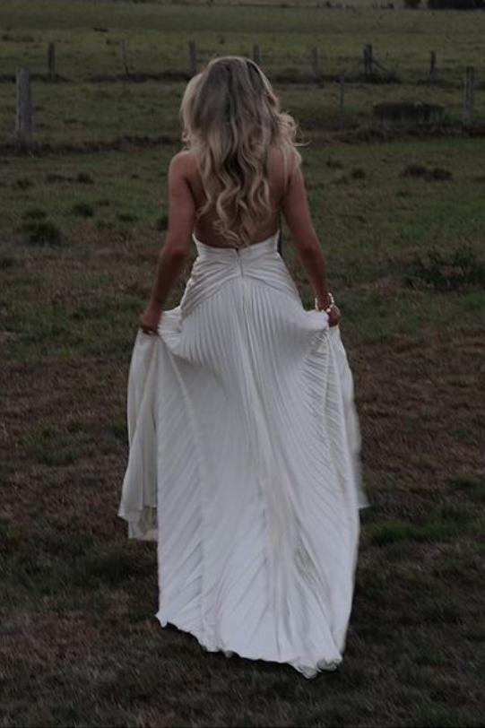 Sexy Satin A-Line V-Neck Halter Open Back Wedding Dress