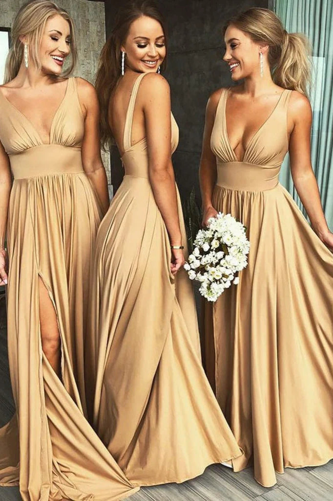 Sexy Satin A-Line V-Neck Sleeveless With Side Slit Bridesmaid Dress