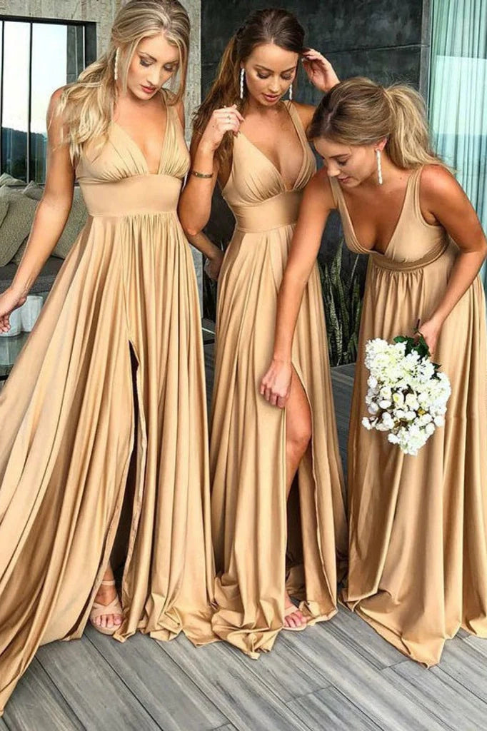 Sexy Satin A-Line V-Neck Sleeveless With Side Slit Bridesmaid Dress