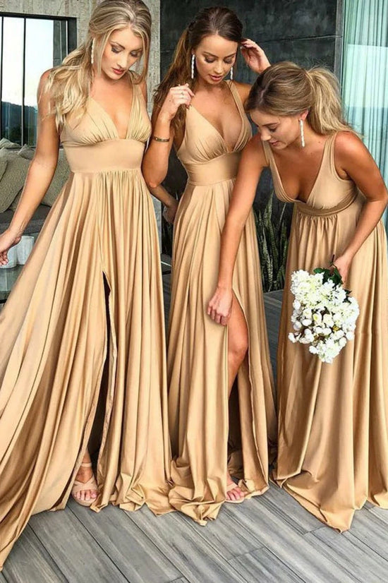 Sexy Satin A-Line V-Neck Sleeveless With Side Slit Bridesmaid Dress