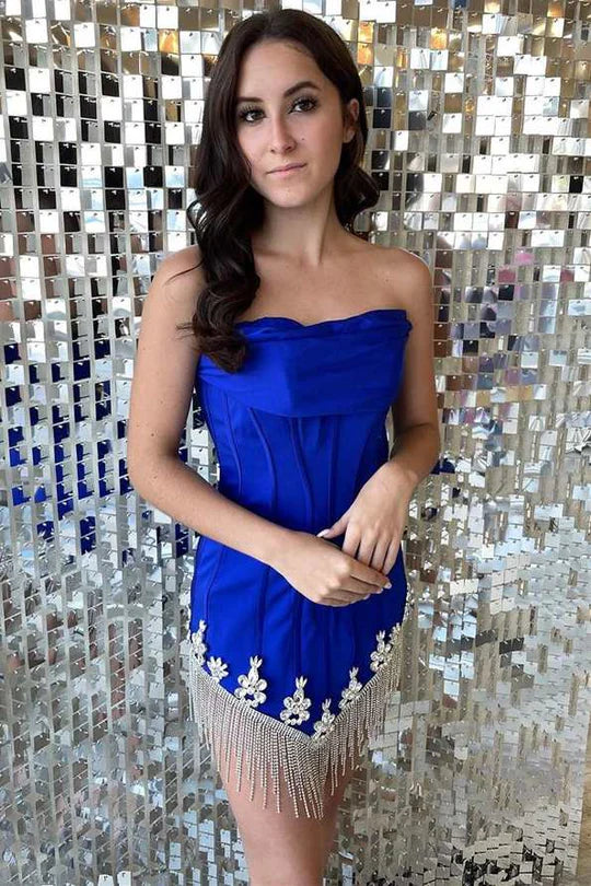 Sexy Satin Fitted Strapless Beaded Fringe Homecoming Dress