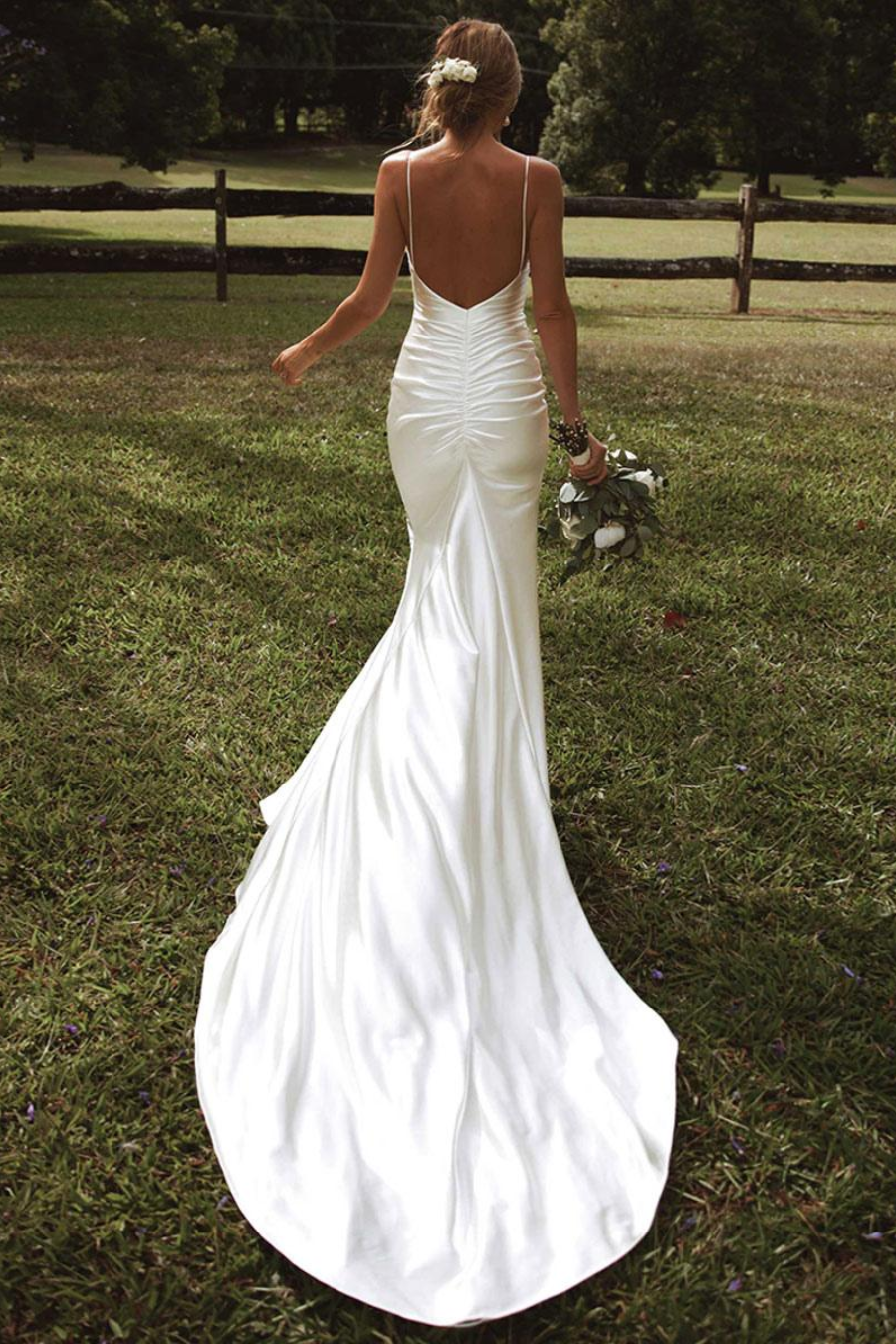 Sexy Satin Fitted V-Neck Ruched With Side Slit Wedding Dress Movousdress Sexy Satin Fitted V-Neck Ruched With Side Slit Wedding Dress Movousdress