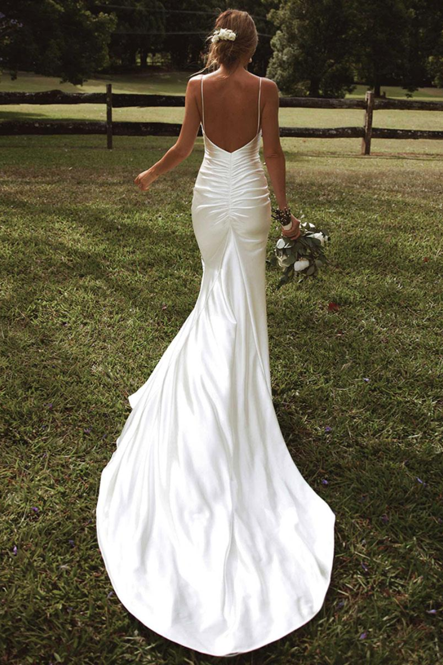 Sexy Satin Fitted V-Neck Ruched With Side Slit Wedding Dress