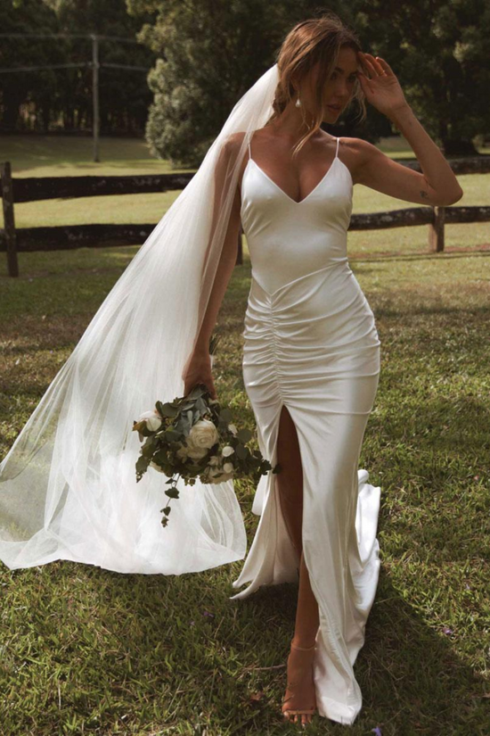 Sexy Satin Fitted V-Neck Ruched With Side Slit Wedding Dress Movousdress Sexy Satin Fitted V-Neck Ruched With Side Slit Wedding Dress Movousdress