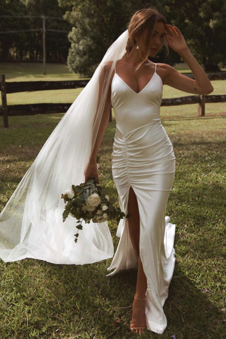 Sexy Satin Fitted V-Neck Ruched With Side Slit Wedding Dress