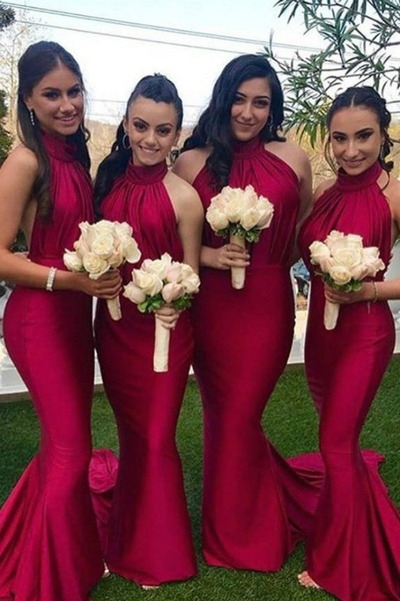 Sexy Satin Trumpet High Neck Sleeveless Bridesmaid Dress