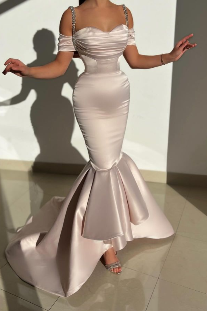 Sexy Satin Trumpet Off-Shoulder Beaded Long Prom Dress