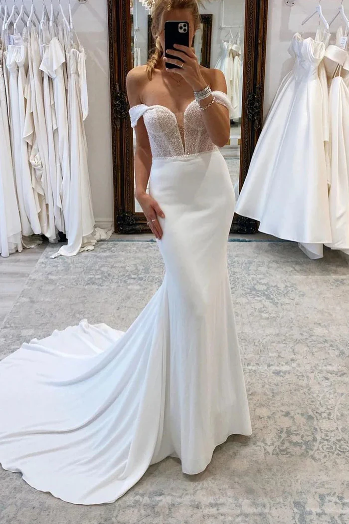 Sexy Satin Trumpet Off-Shoulder Beaded Wedding Dress