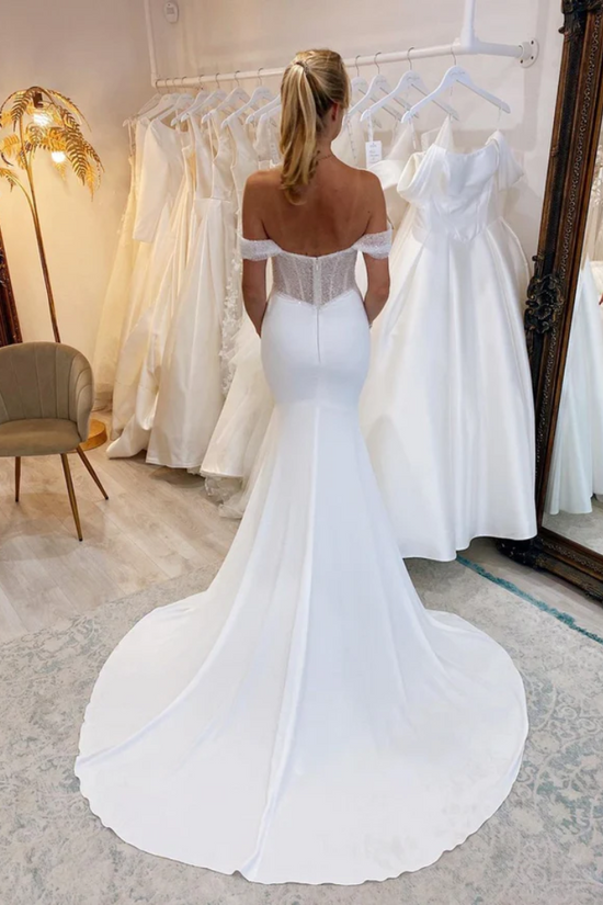 Sexy Satin Trumpet Off-Shoulder Beaded Wedding Dress