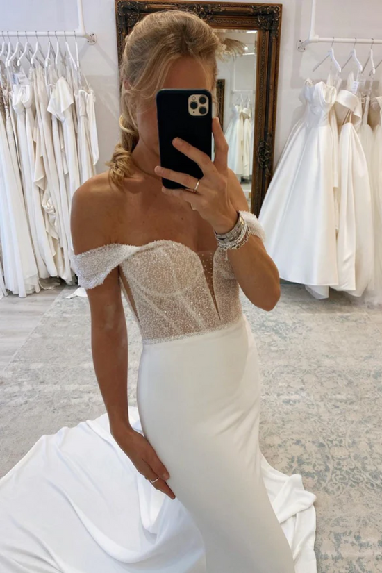 Sexy Satin Trumpet Off-Shoulder Beaded Wedding Dress