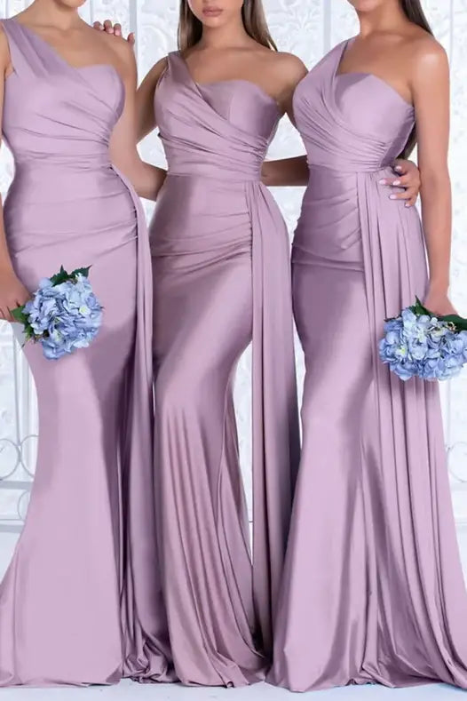 Sexy Satin Trumpet One Shoulder Sleeveless With Train Bridesmaid Dress