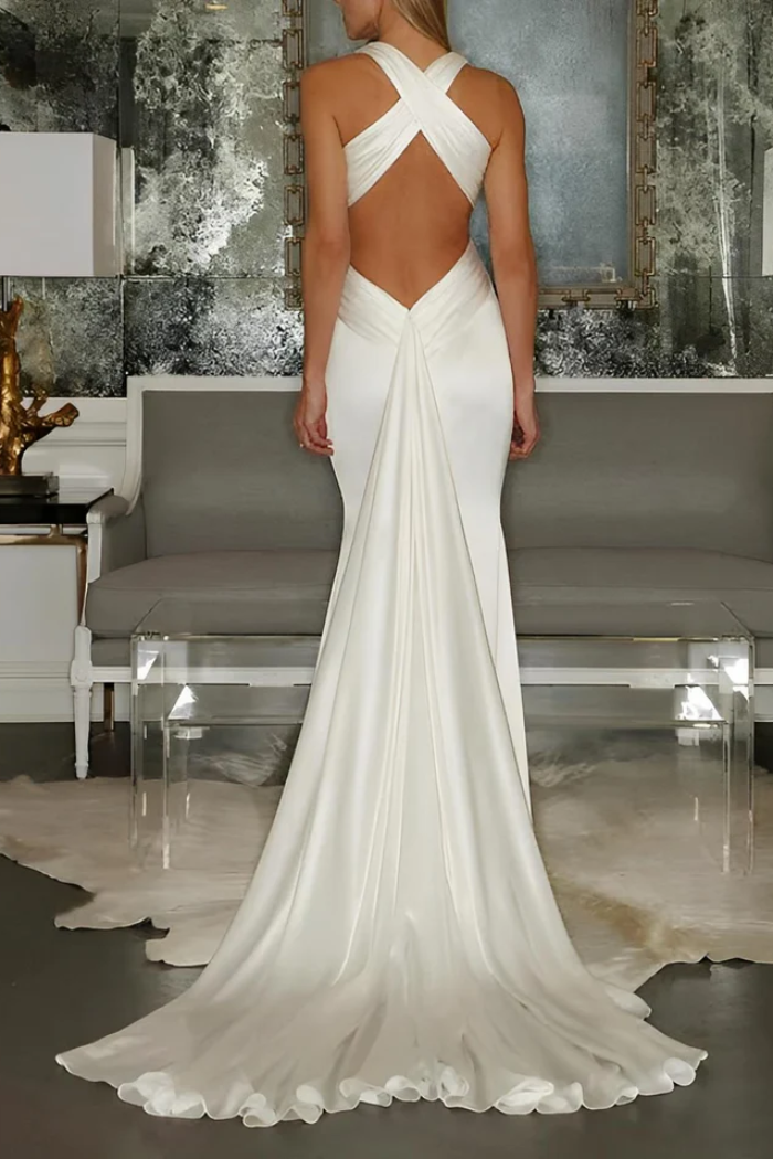 Sexy Satin Trumpet V-Neck Sleeveless Empire Summer Wedding Dress