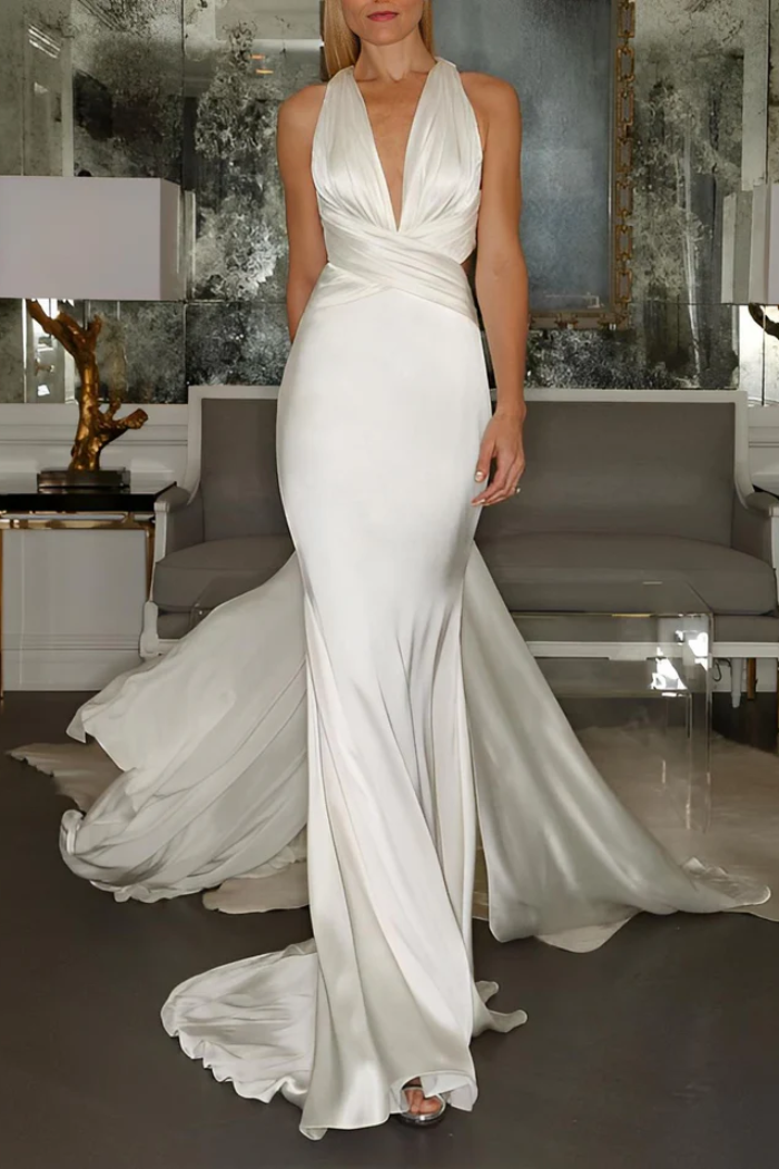 Sexy Satin Trumpet V-Neck Sleeveless Empire Summer Wedding Dress