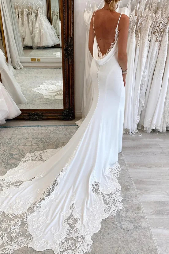 Sexy Satin Trumpet V-Neck Spaghetti Straps Wedding Dress With Train