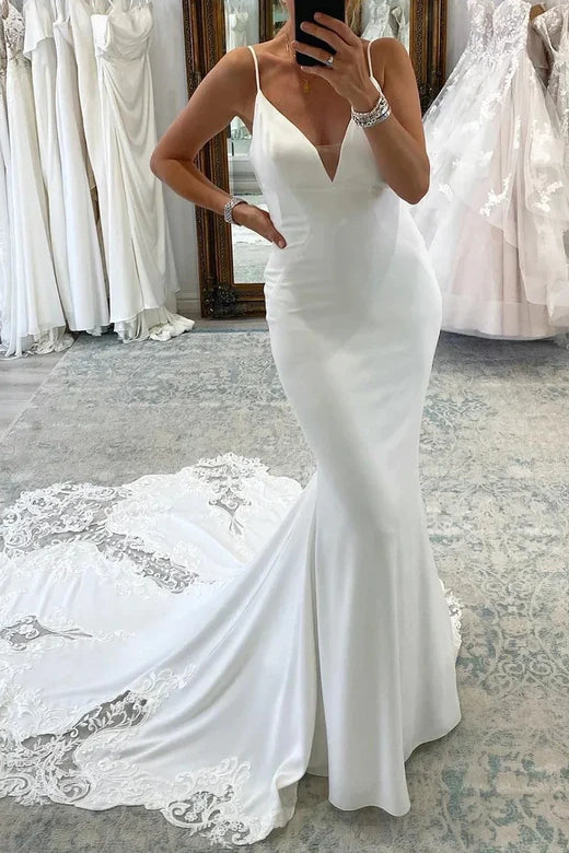 Sexy Satin Trumpet V-Neck Spaghetti Straps Wedding Dress With Train