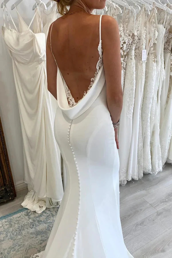 Sexy Satin Trumpet V-Neck Spaghetti Straps Wedding Dress With Train