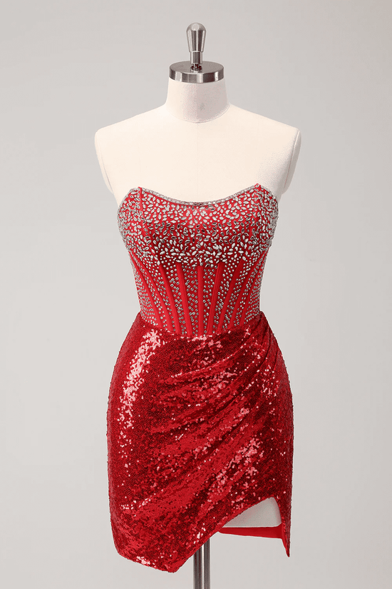 Sexy Sheath Bateau Strapless Beaded Sequins Homecoming Dress