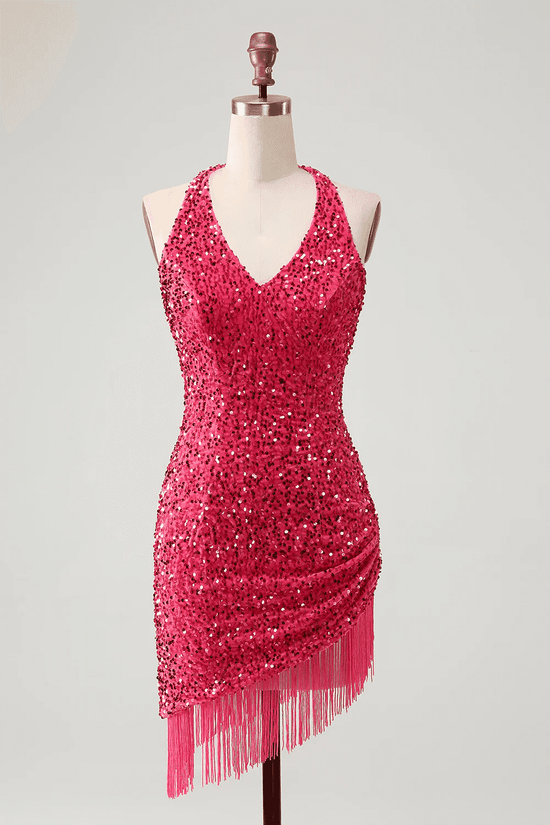 Sexy Sheath V-Neck Halter Sequins Homecoming Dress