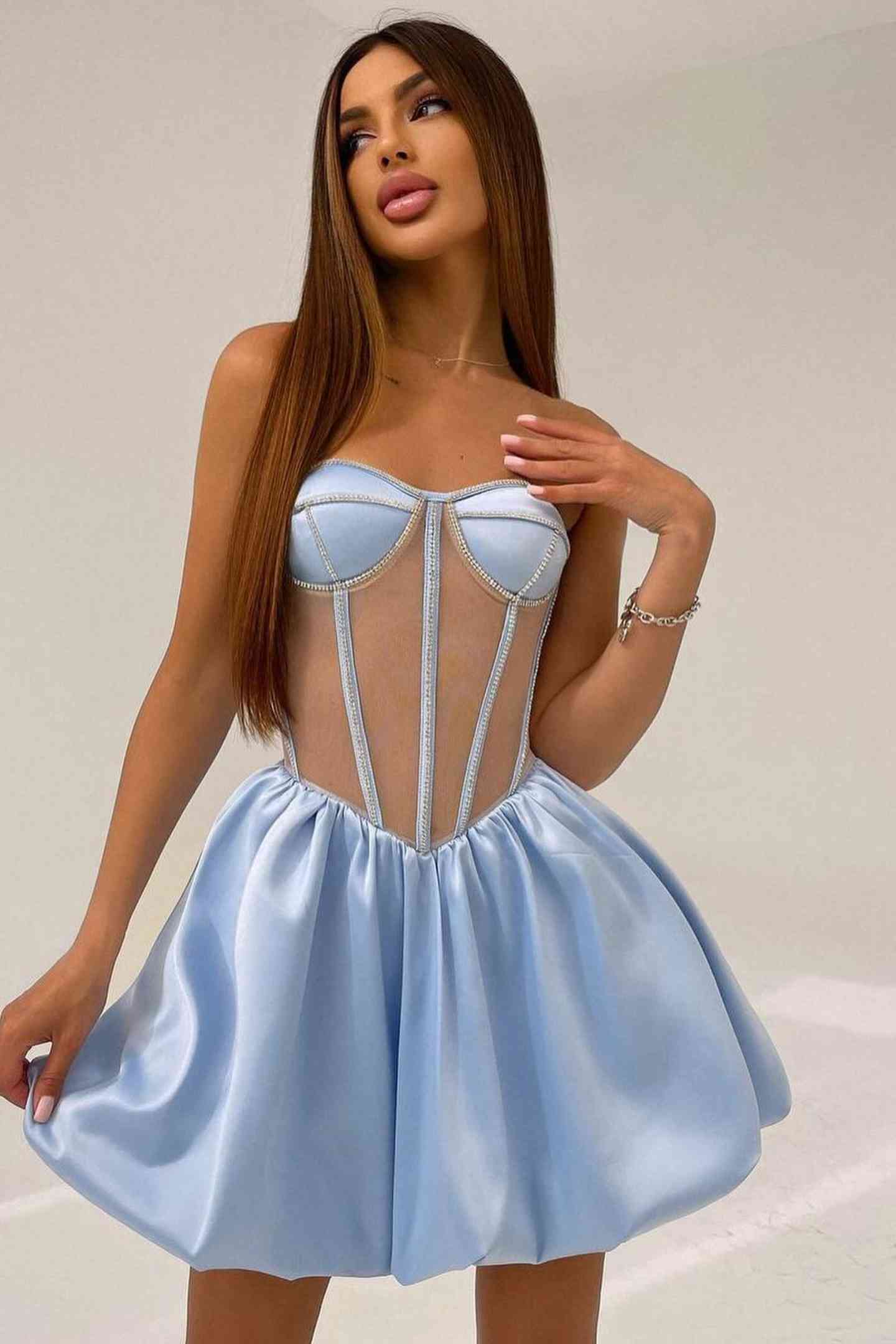 Sexy Sheer Satin A-Line Sweetheart Strapless Beaded Homecoming Dress