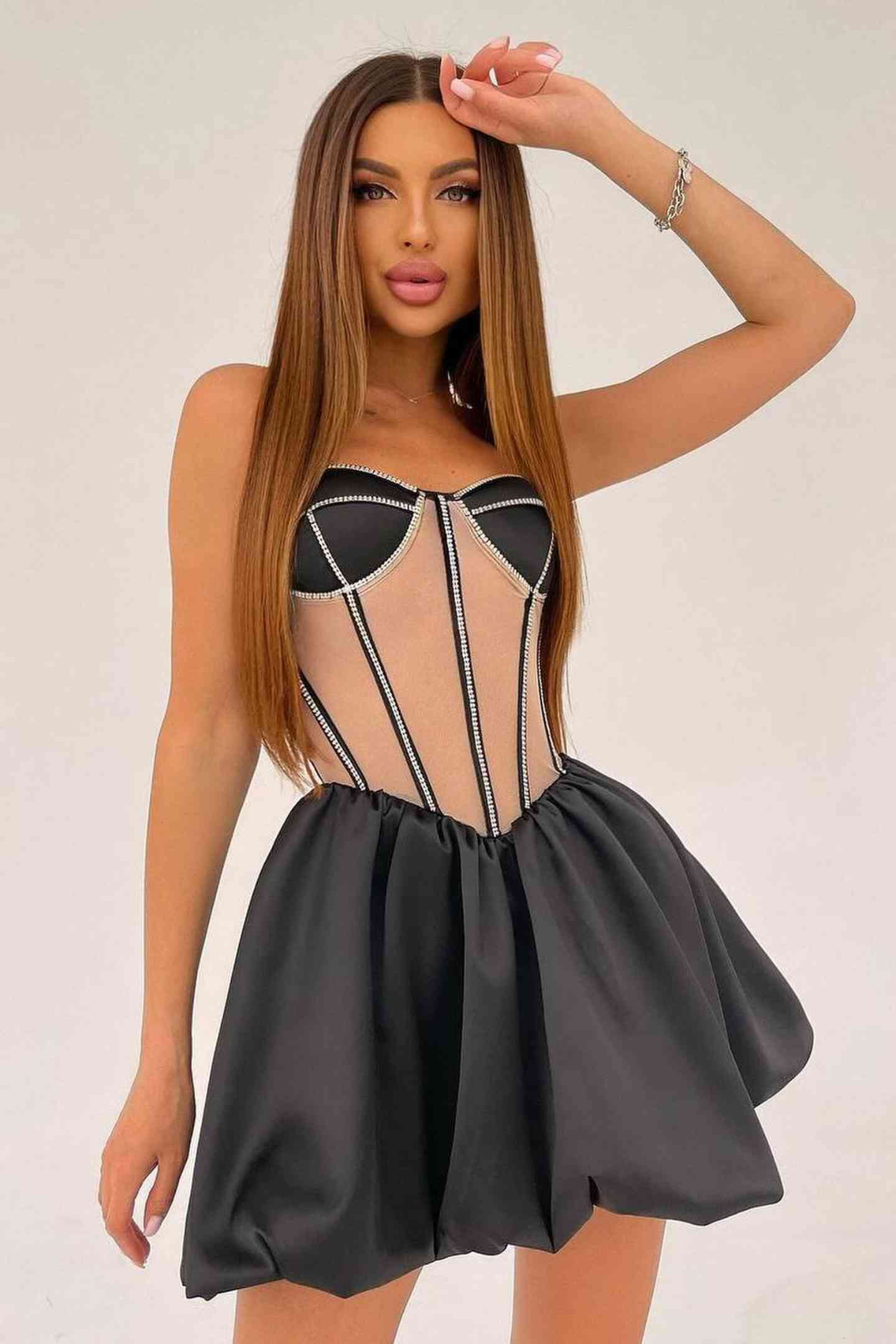 Sexy Sheer Satin A-Line Sweetheart Strapless Beaded Homecoming Dress