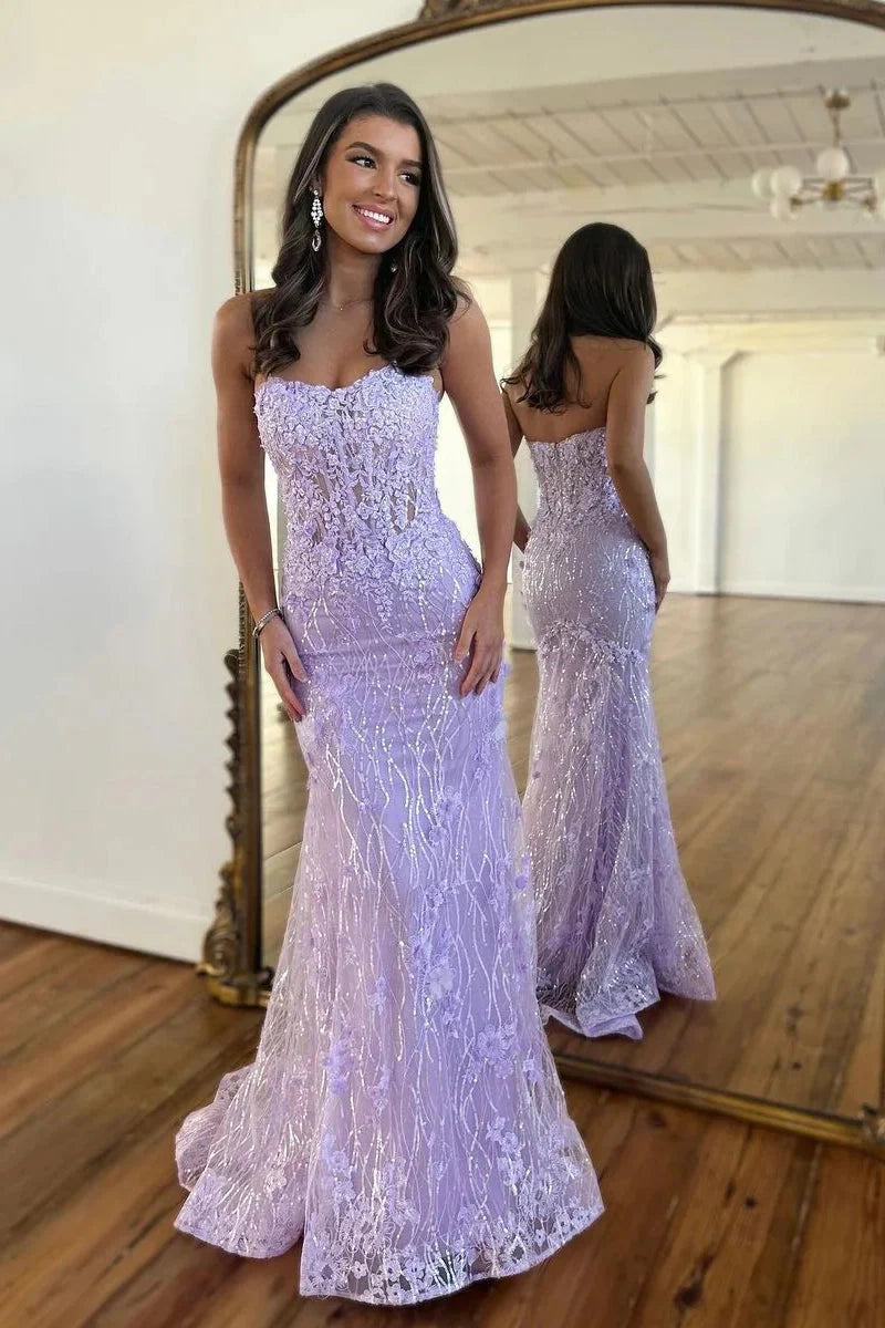 Sexy Trumpet Sweetheart Strapless Lace Appliques Prom Dress