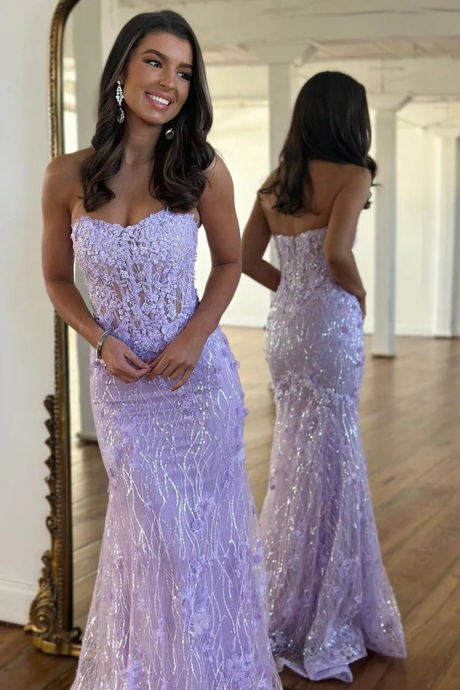 Sexy Trumpet Sweetheart Strapless Lace Appliques Prom Dress