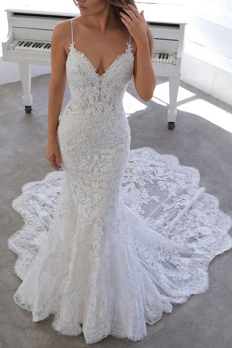 V-Neck Spaghetti Straps Open Back Lace Trumpet Wedding Dress