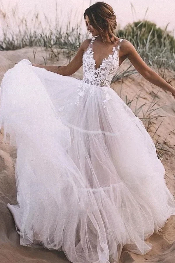 Sexy Tulle A-Line Sheer V-Neck Lace Appliques Beach Wedding Dress Movousdress Sexy Tulle A-Line Sheer V-Neck Lace Appliques Beach Wedding Dress Movousdress